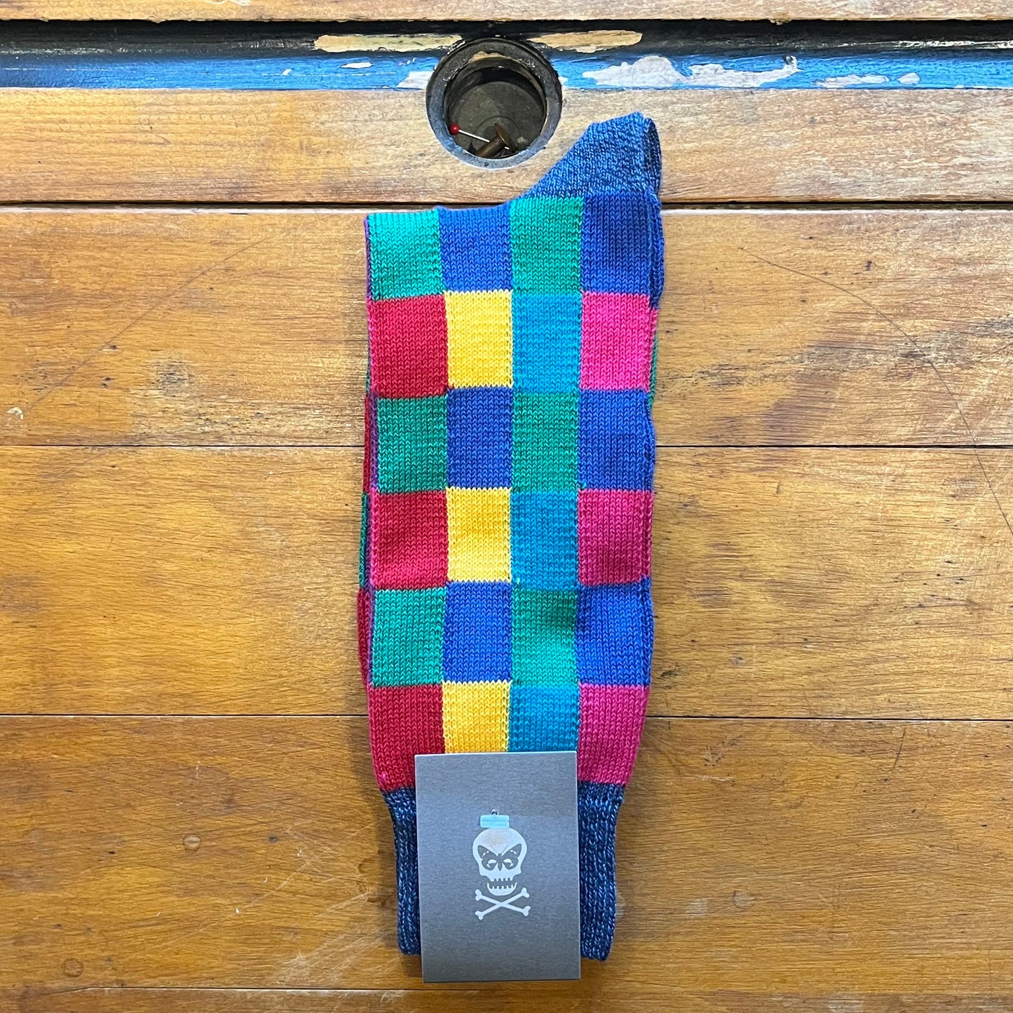 Regent - Cotton Socks - Tile Check - Denim and Multicoloured