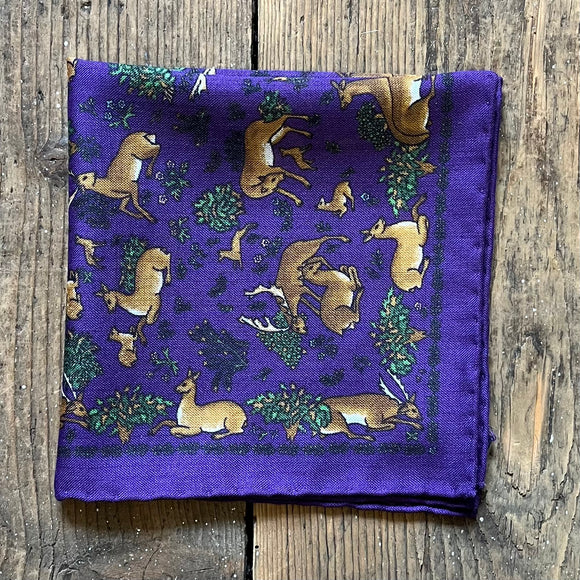 Wool and silk pocket square with deer on purple background