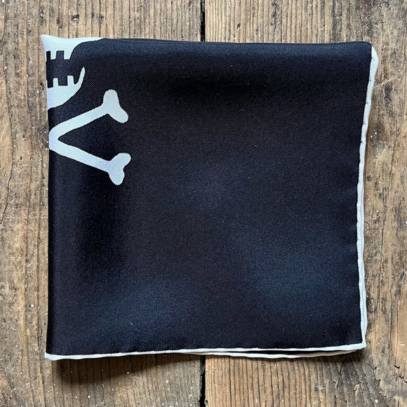 black silk pocket square with Regent butterfly and skull logo