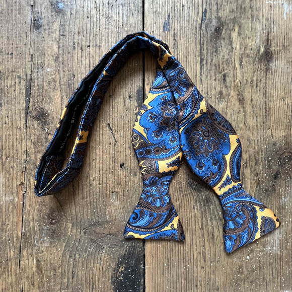 Golden yellow and blue silk paisley bow tie
