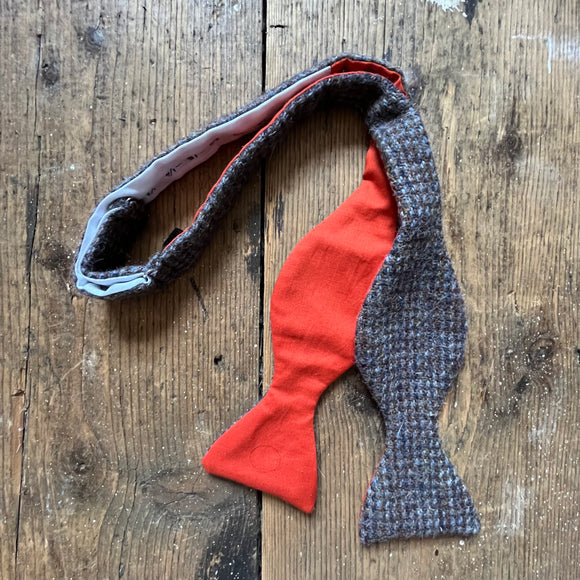 Tweed bow tie in brown and blue with contrasting orange backing