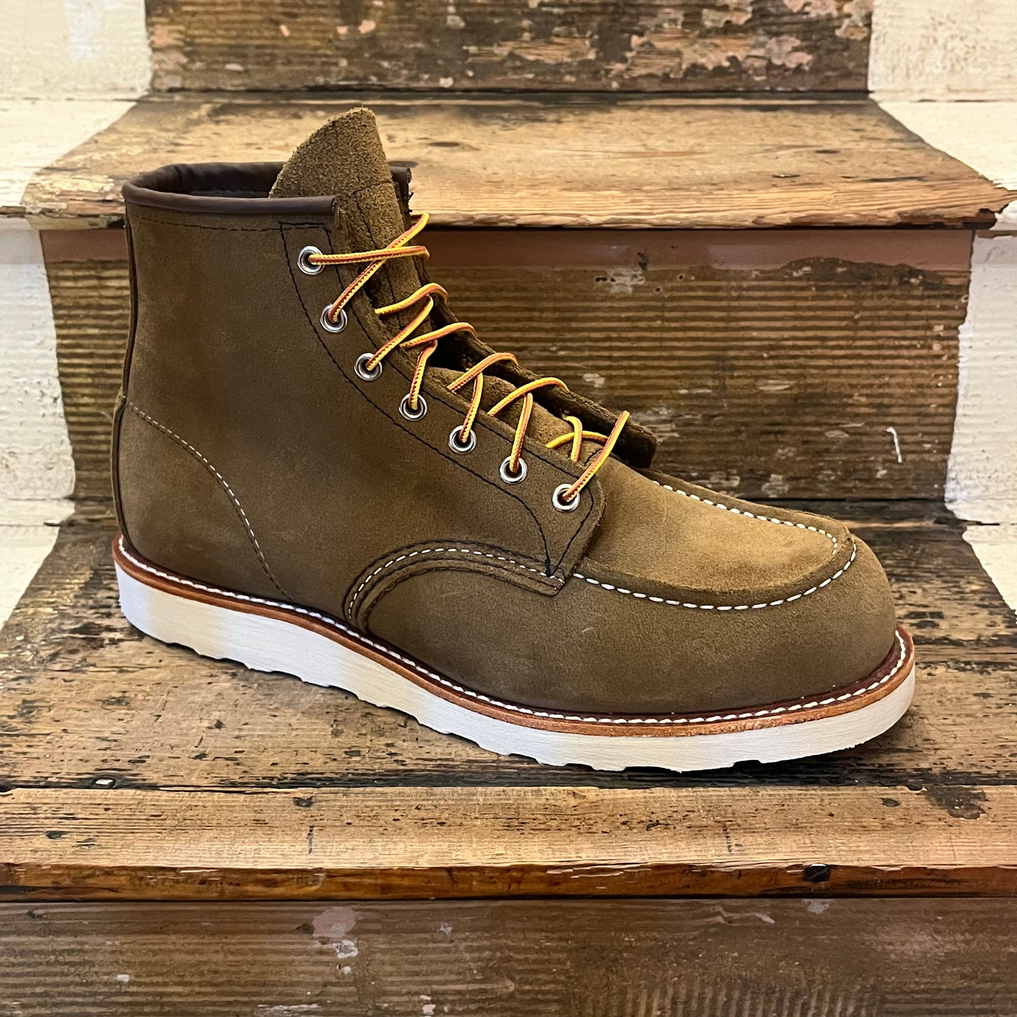 Red Wing moc toe boot in olive mohave suede leather