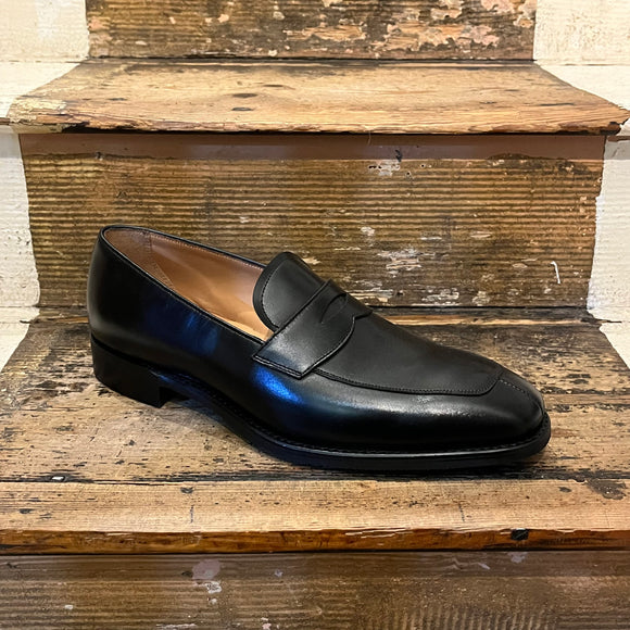 Regent black penny loafer with a split toe in black calf leather