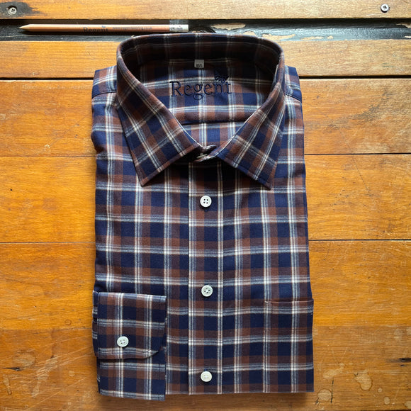brown and navy checked soft cotton twill shirt