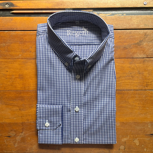 Regent - Navy Gingham Check Shirt - Button Down Collar