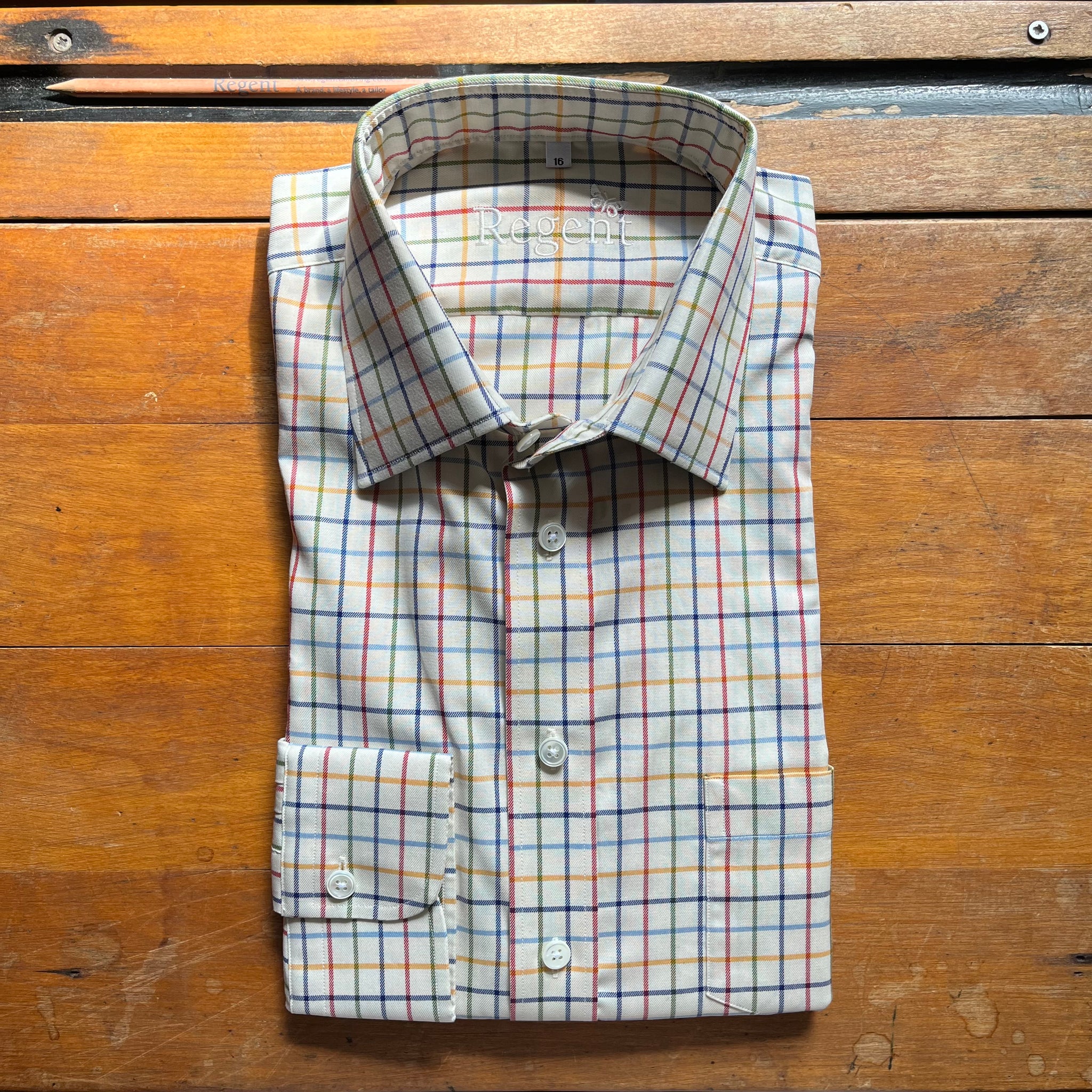 Cotton twill shirt with multicoloured blue, yellow, red and green overcheck