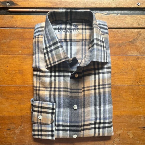 Flannel shirt in blue and grey with black and fawn check