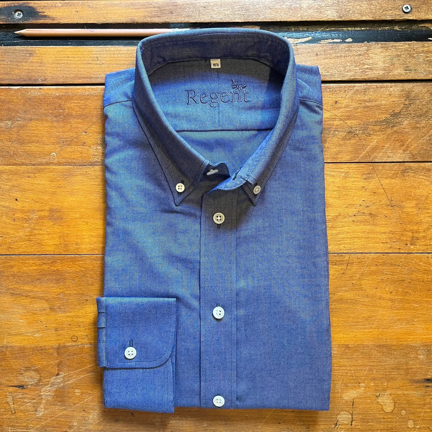 Indigo blue cotton flannel shirt with button down collar