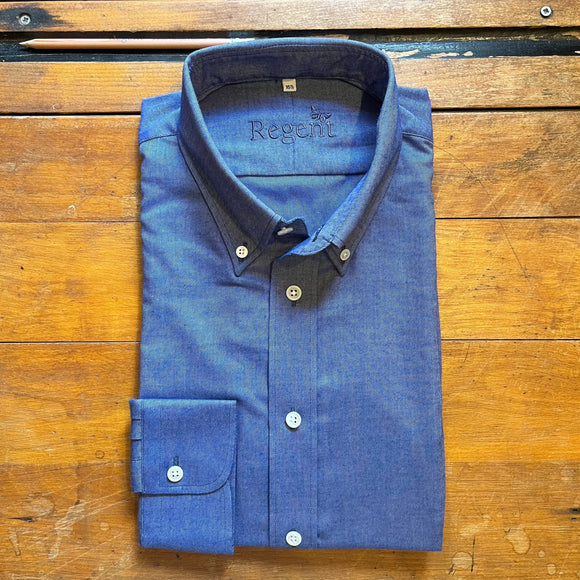 Indigo blue cotton flannel shirt with button down collar