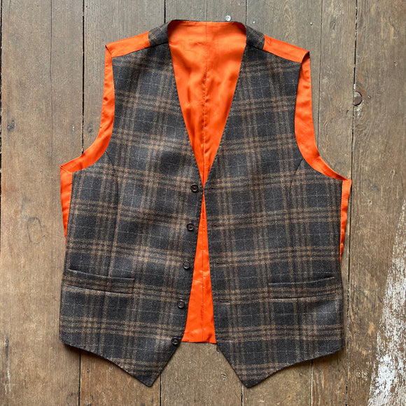 Regent Riddle Waistcoat in brown check tweed with orange backing