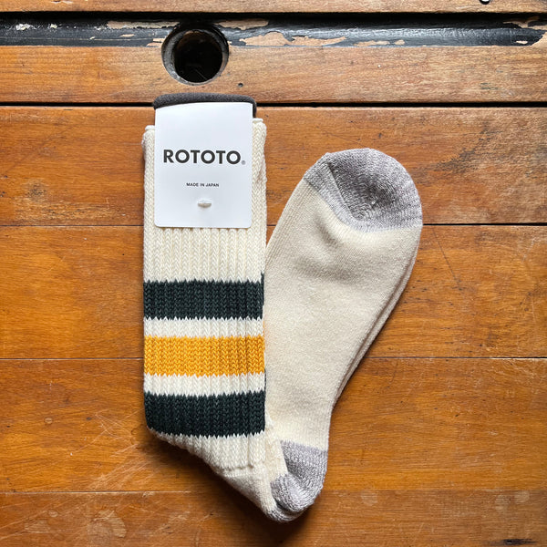 ROTOTO - Coarse Ribbed Old-School Crew Socks – Dark Green/Yellow Stripe