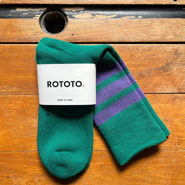 ROTOTO - Fine Pile Striped Crew Socks - Green/Purple