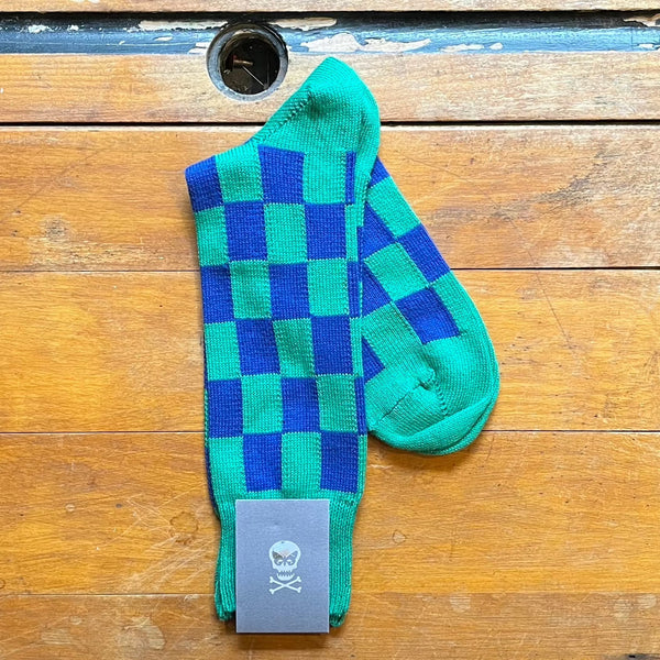 Regent Socks - Cotton - Blue and Green Tile Check