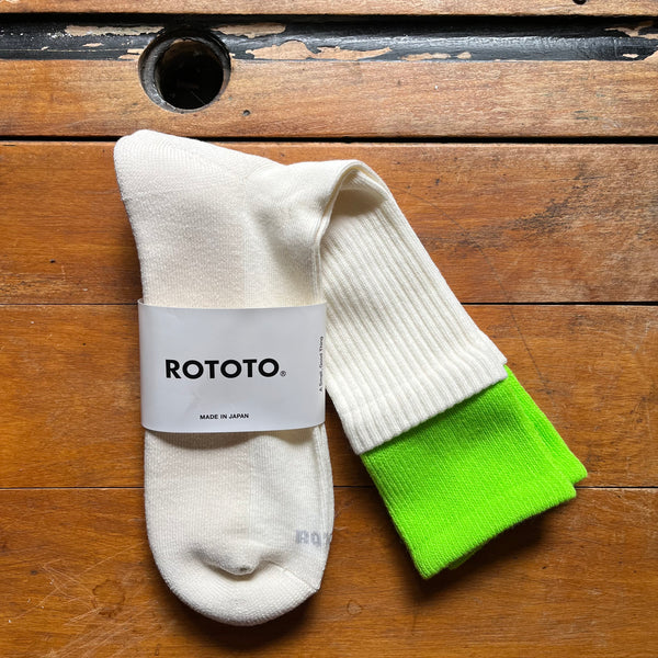 ROTOTO - Double Layer Crew Socks - Neon Green/Off-White