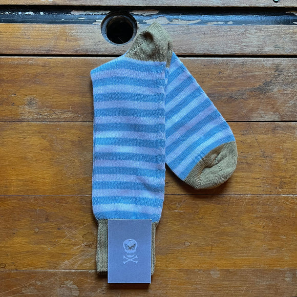 Blue and white striped cotton socks with contrasting beige/khaki heel and toe