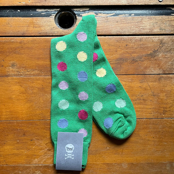 Regent lime green cotton socks with multicoloured spots