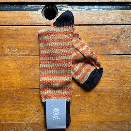 Orange and beige narrow hoop socks with contrasting black toe and heel