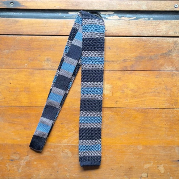 Regent  - Knitted Silk Tie - Navy, Grey and Sky Blue Stripes