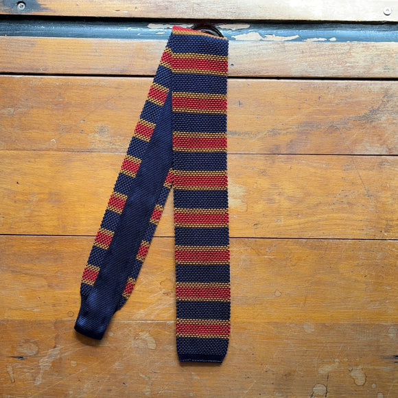 Regent knitted silk tie in ginger, navy and red stripes