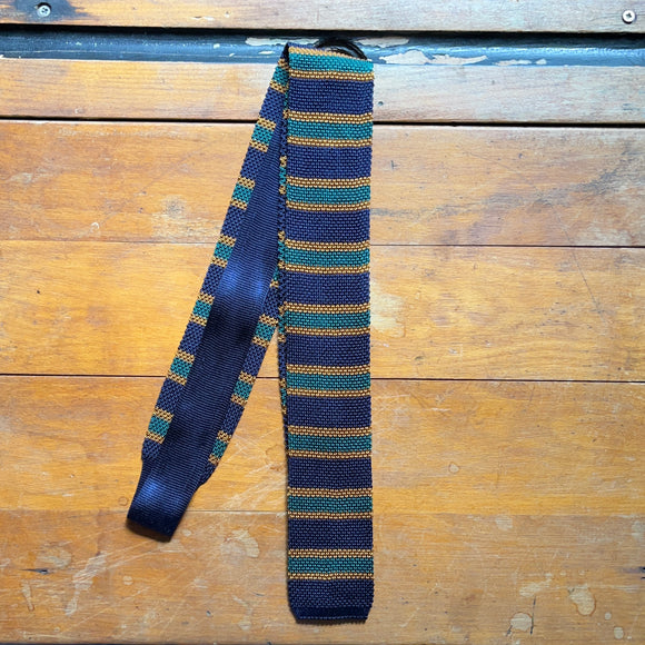 Regent knitted silk tie in navy, ginger and green stripes