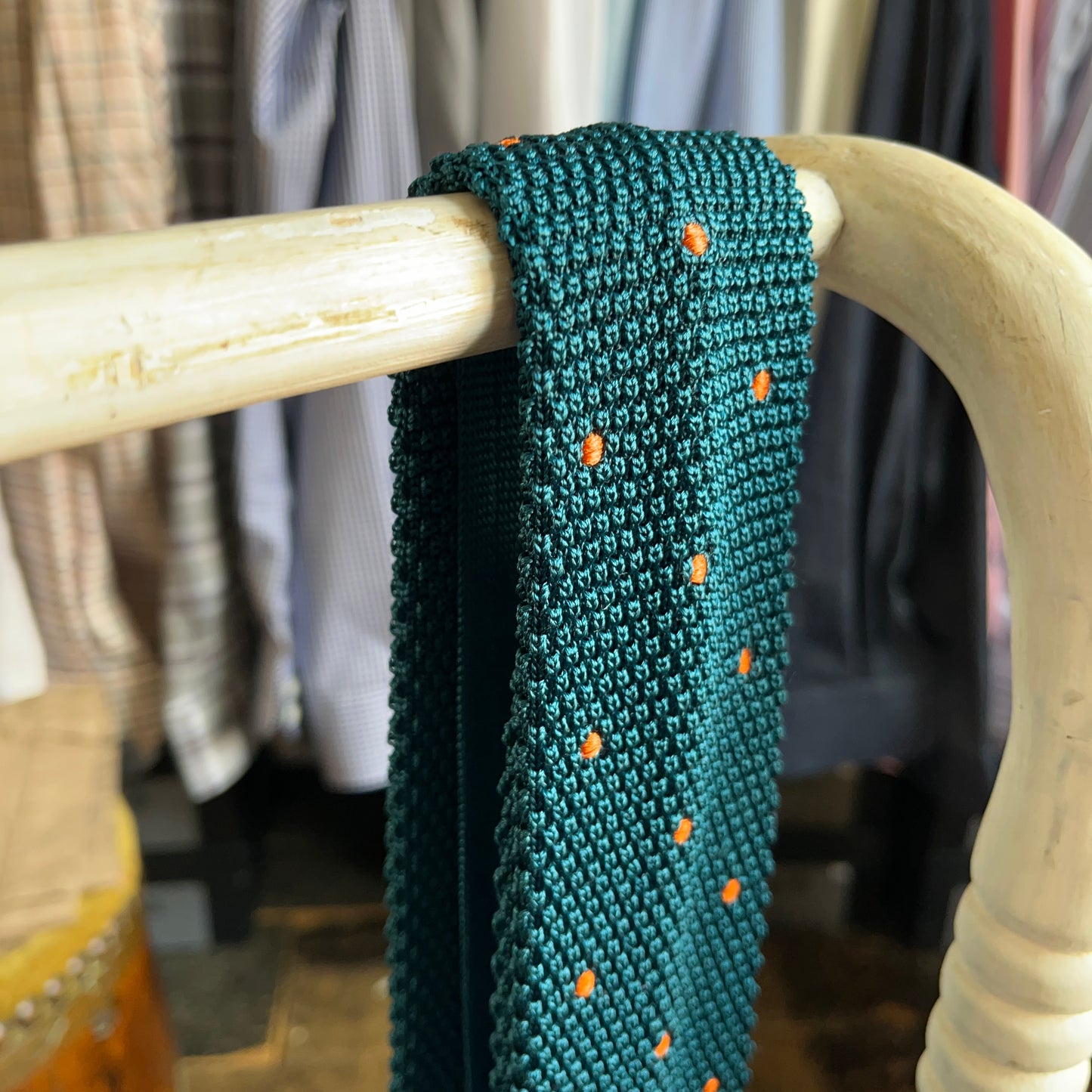 Regent - Knitted Silk Tie - Teal with Orange Spots
