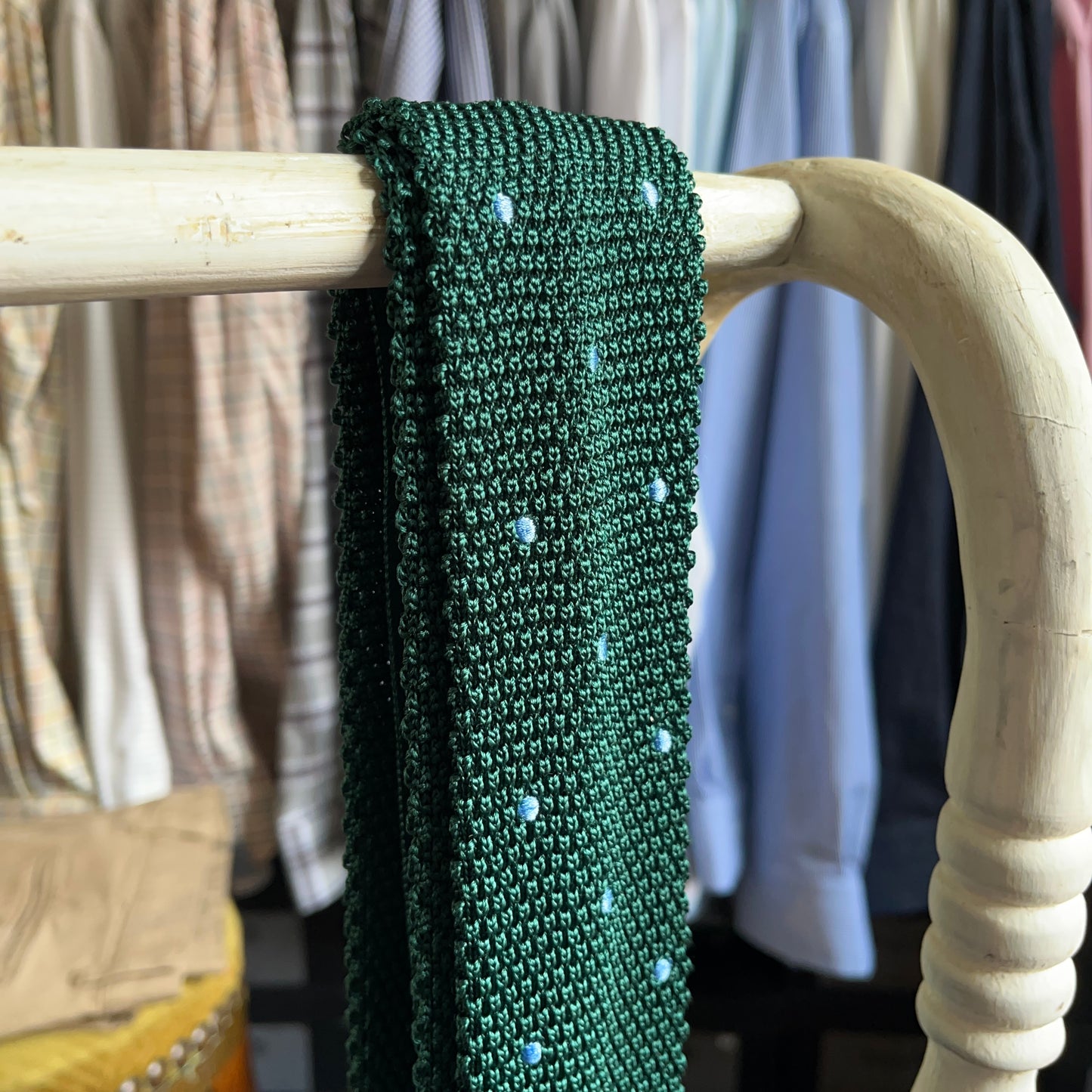 Regent - Knitted Silk Tie - Bottle Green with Sky Blue Spots