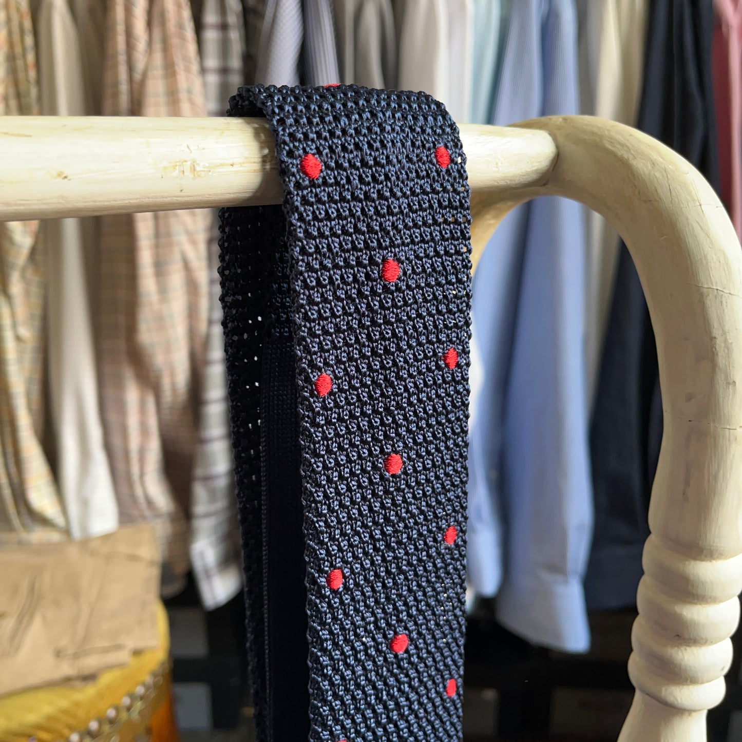 Regent - Knitted Silk Tie - Royal Blue with Crimson Red Spots