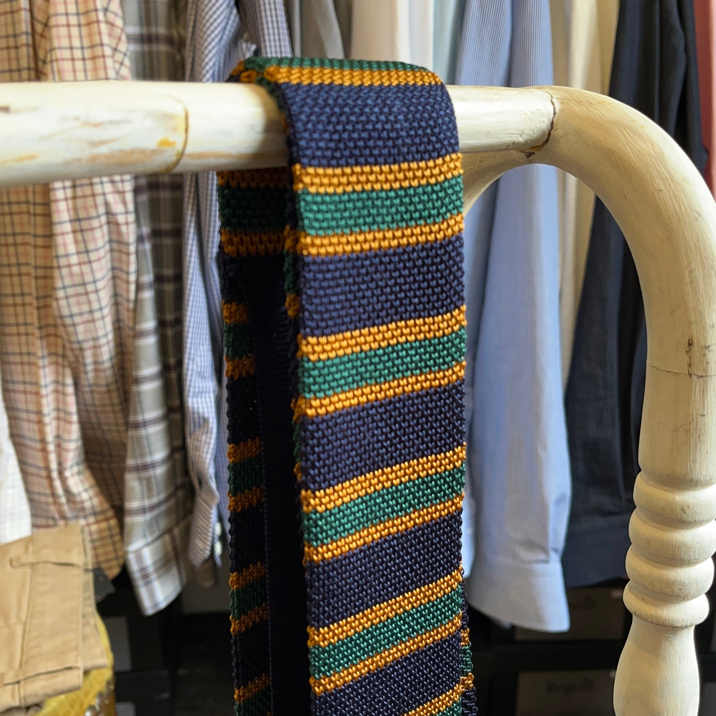 Regent  - Knitted Silk Tie - Navy, Green and Ginger Stripes