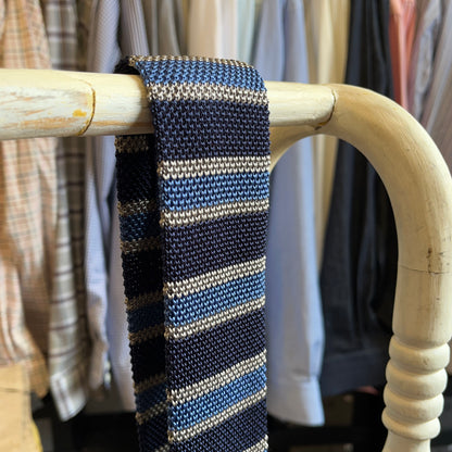 Regent - Knitted Silk Tie - Navy, Grey and Cornflower Blue Stripes