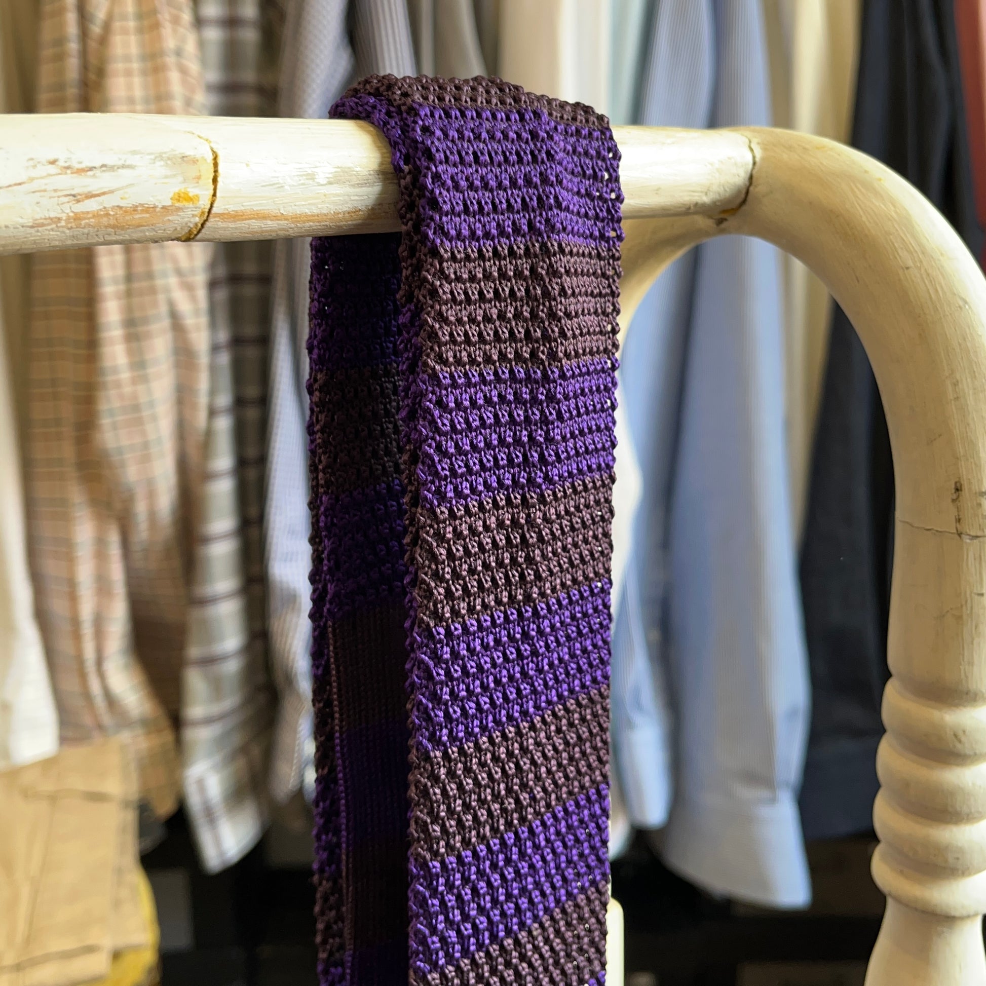 Regent - Knitted Silk Tie - Purple & Raisin Stripes - Regent Tailoring