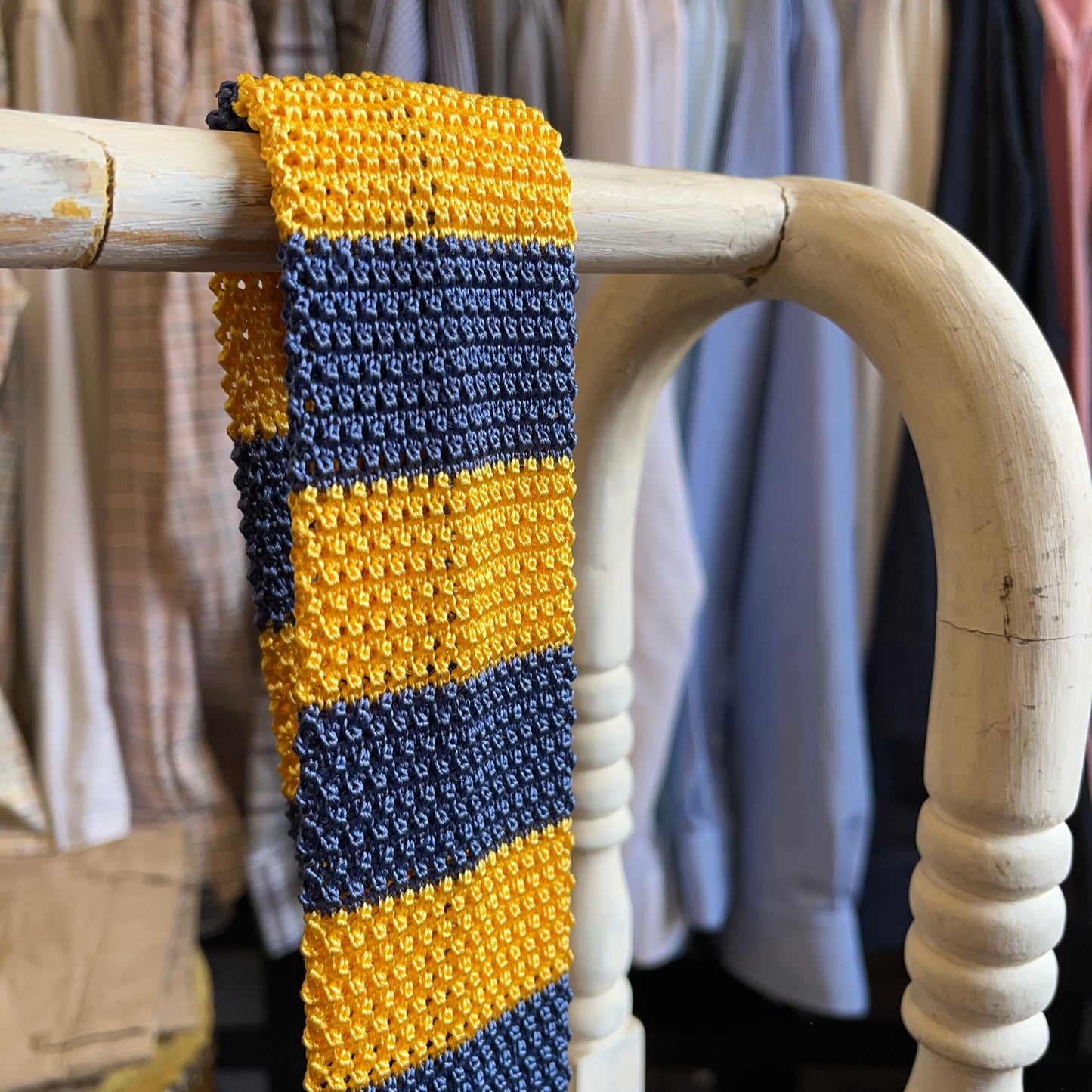 Regent - Knitted Silk Tie - Yellow & Slate Blue Stripes