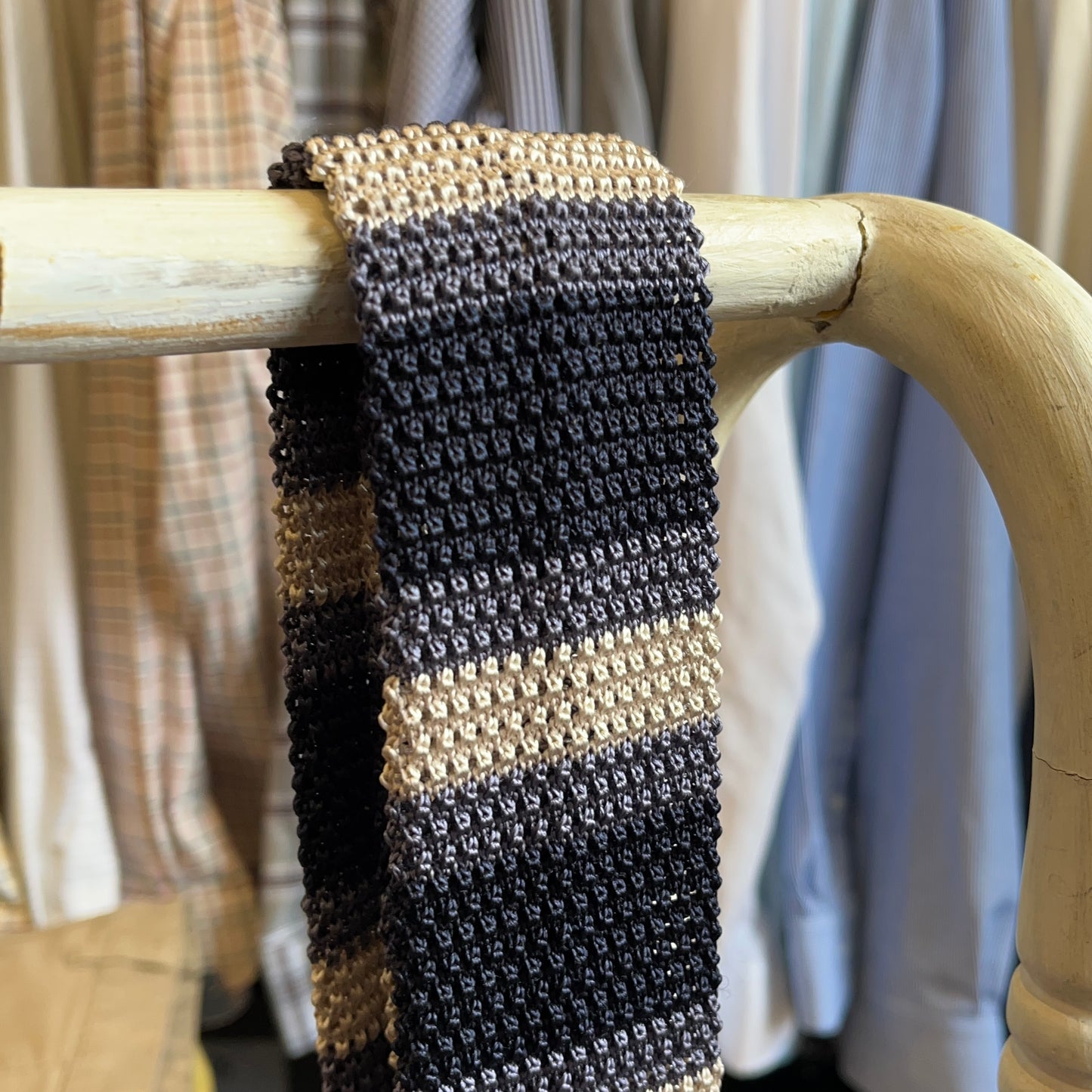 Regent - Knitted Silk Tie - Blue and Champagne - Stripe - Regent Tailoring