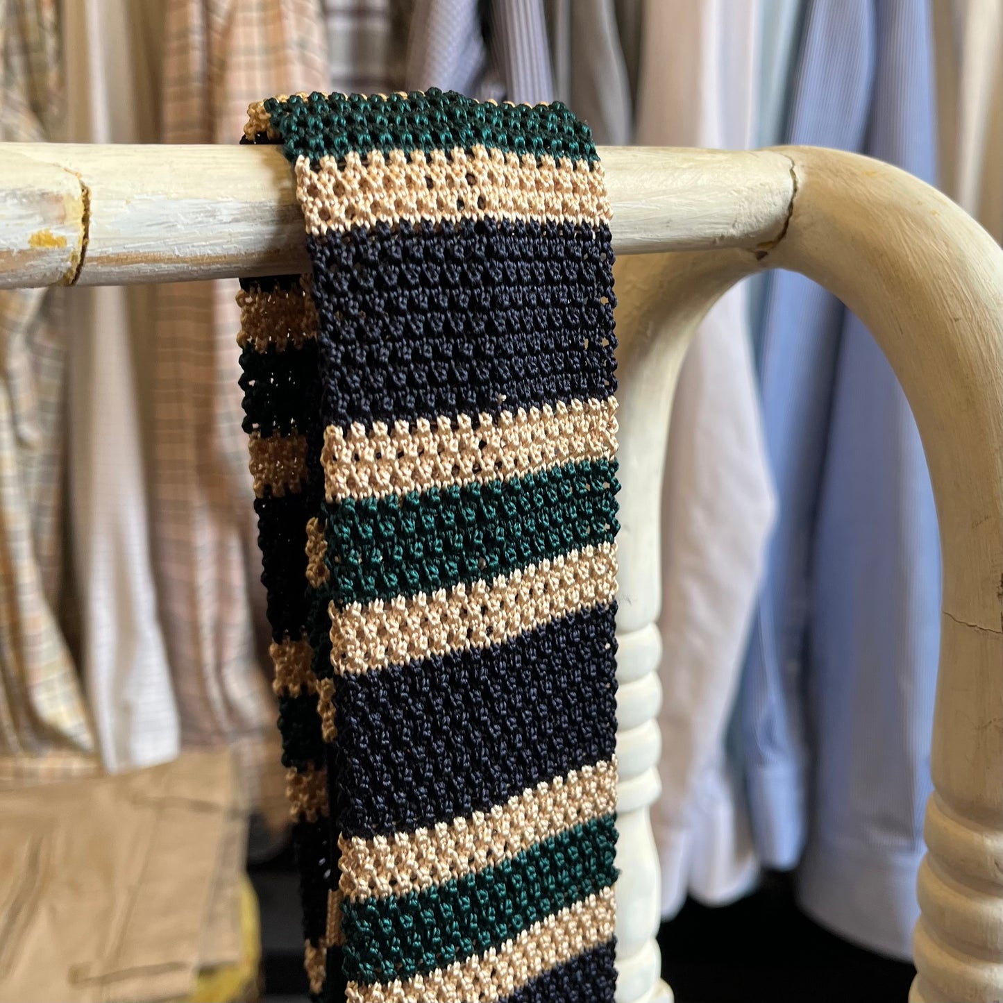 Regent - Knitted Silk Tie - Green, Cream and Navy - Stripe