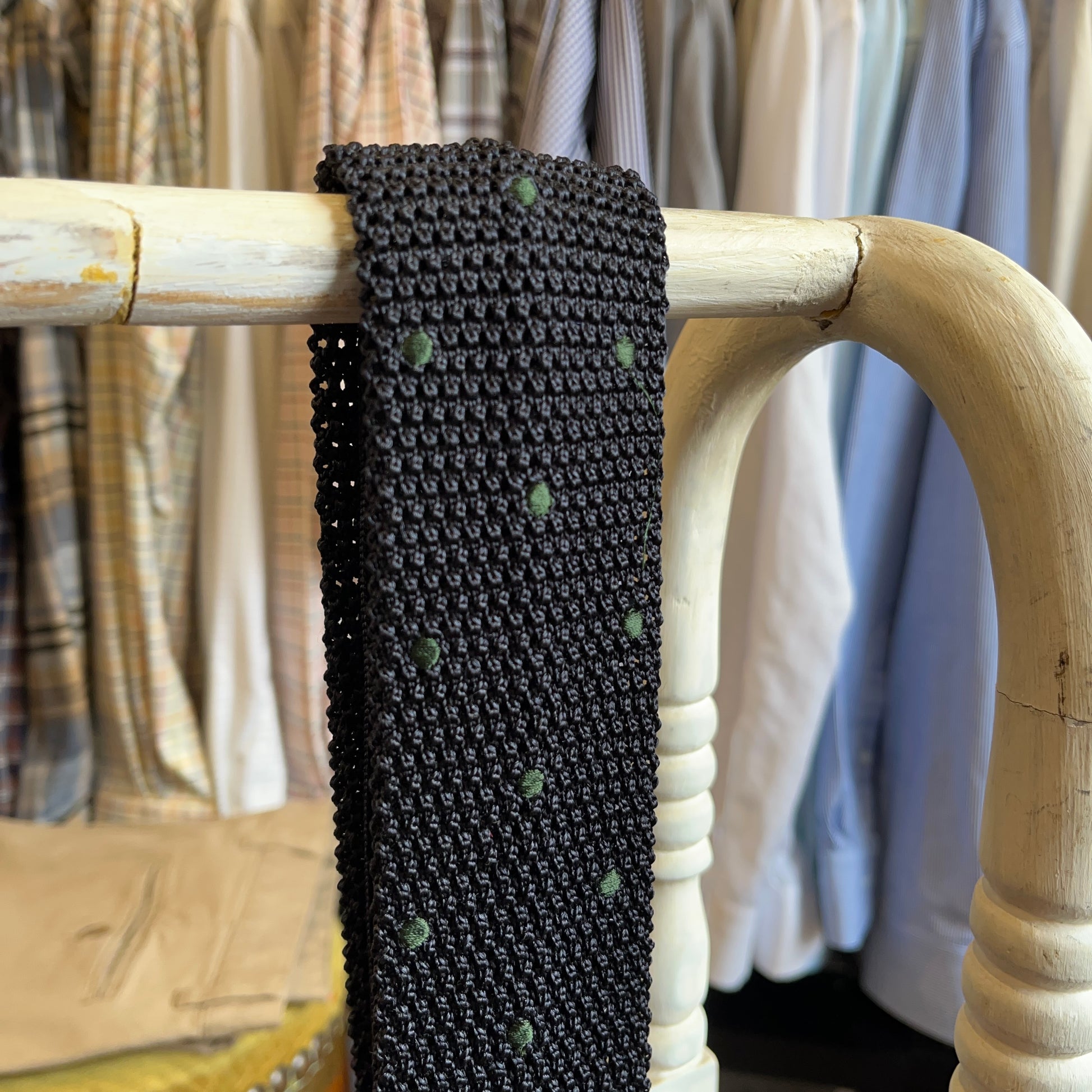 Regent - Knitted Silk Tie - Navy with Green Spots - Regent Tailoring