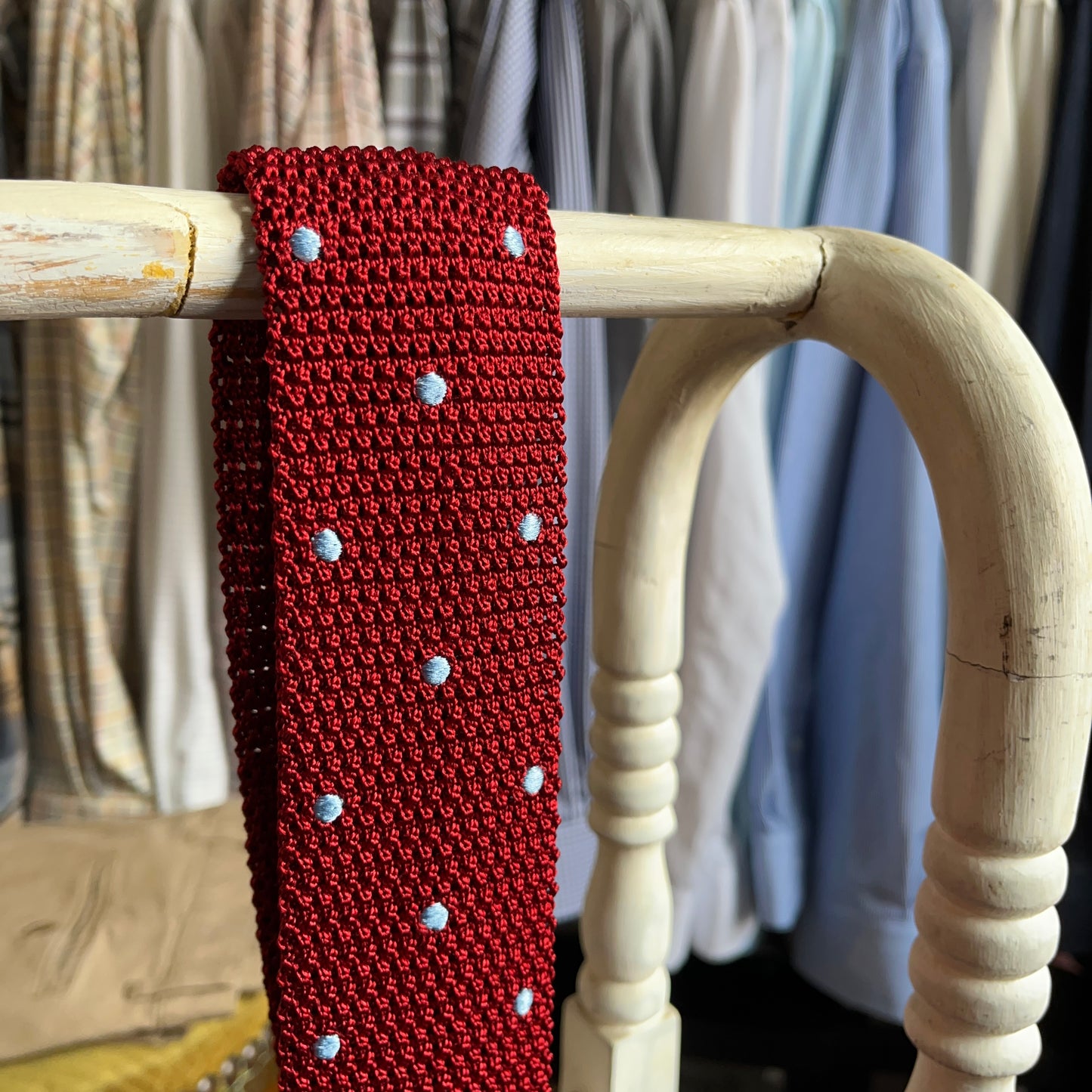 Regent - Knitted Silk Tie - Red with Sky Blue Spots