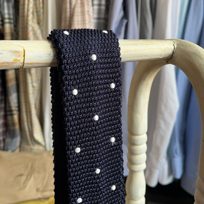 Regent - Knitted Silk Tie - Navy with White Spots