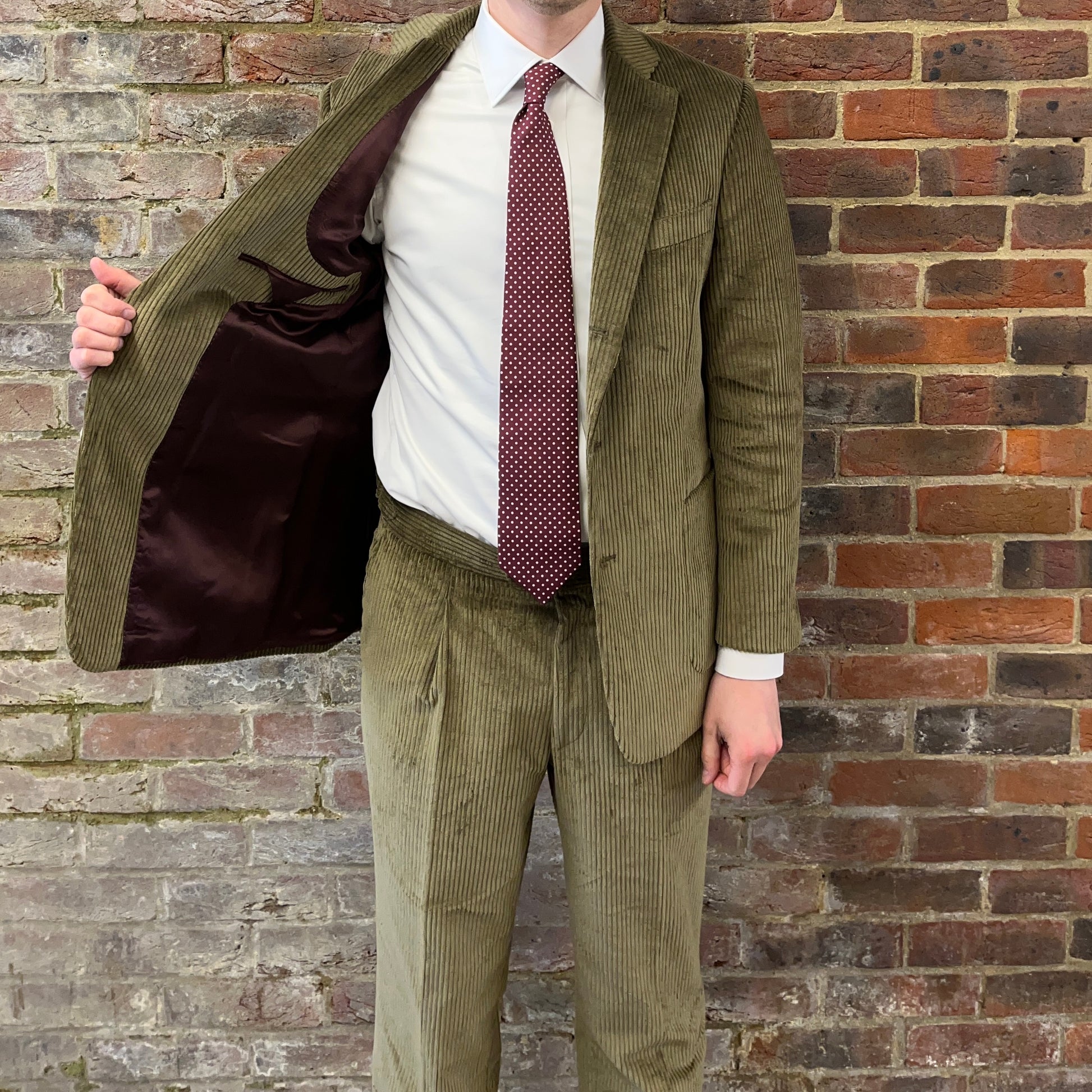 Regent 'Terrence' two button corduroy green suit - burgundy lining