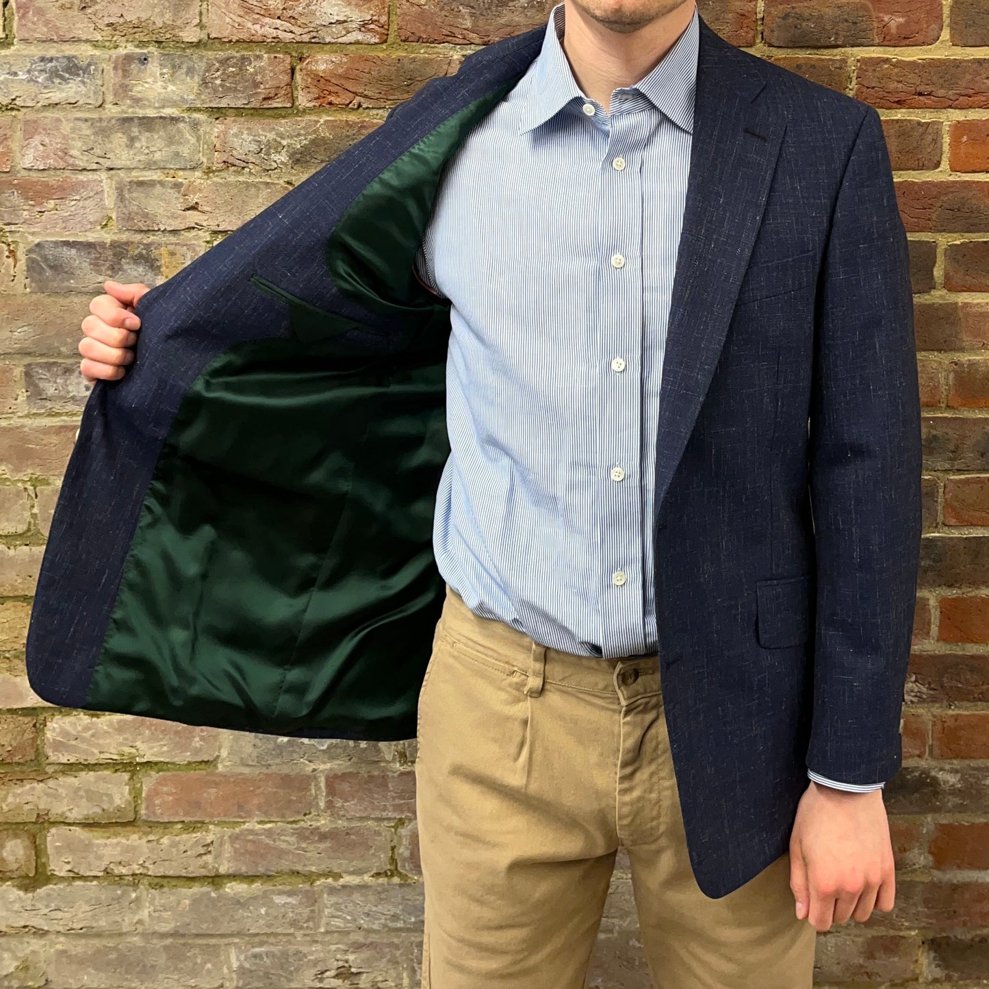 Regent 'Lumps' jacket navy wool and linen - green lining