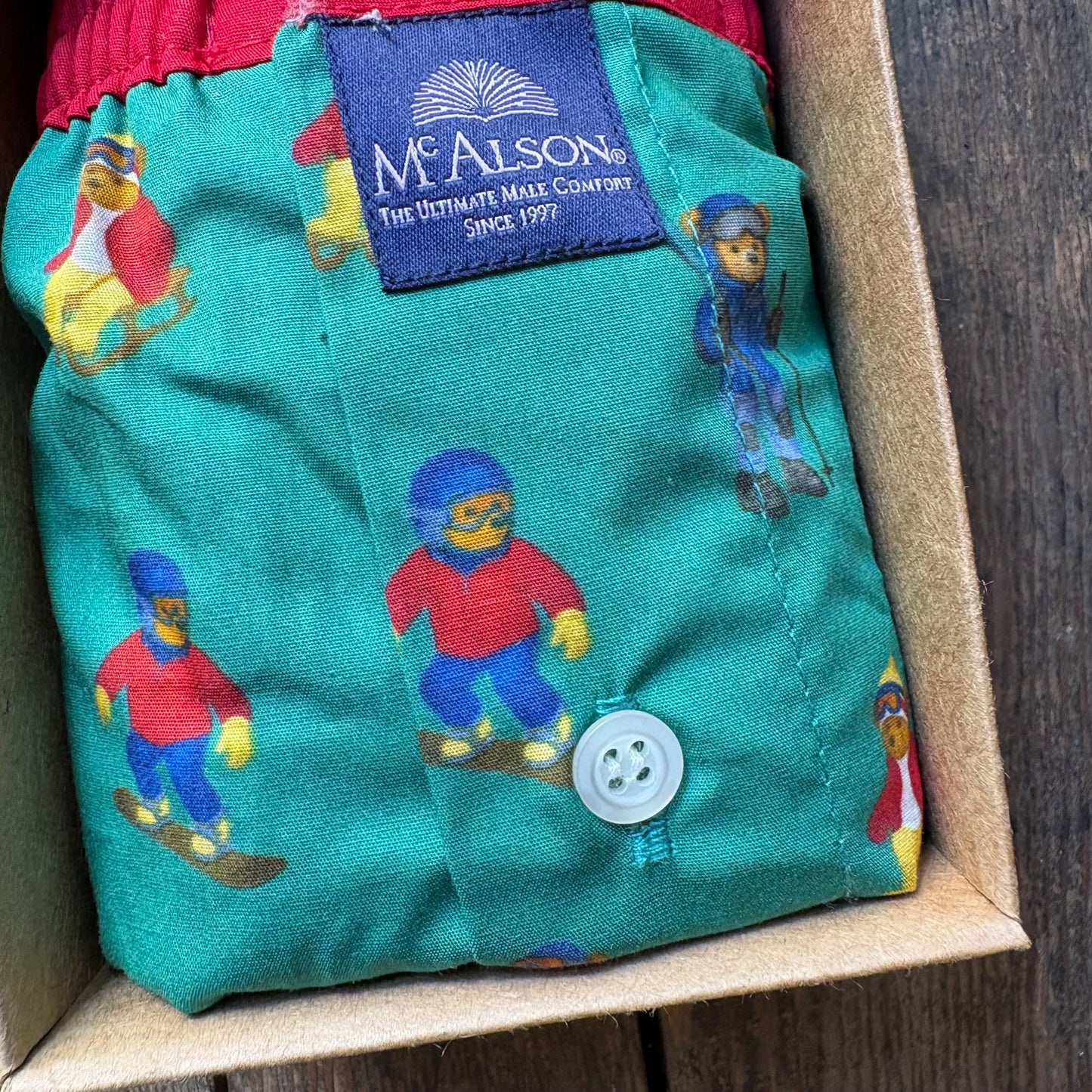 Close up of mcalson skiing teddy boxer shorts