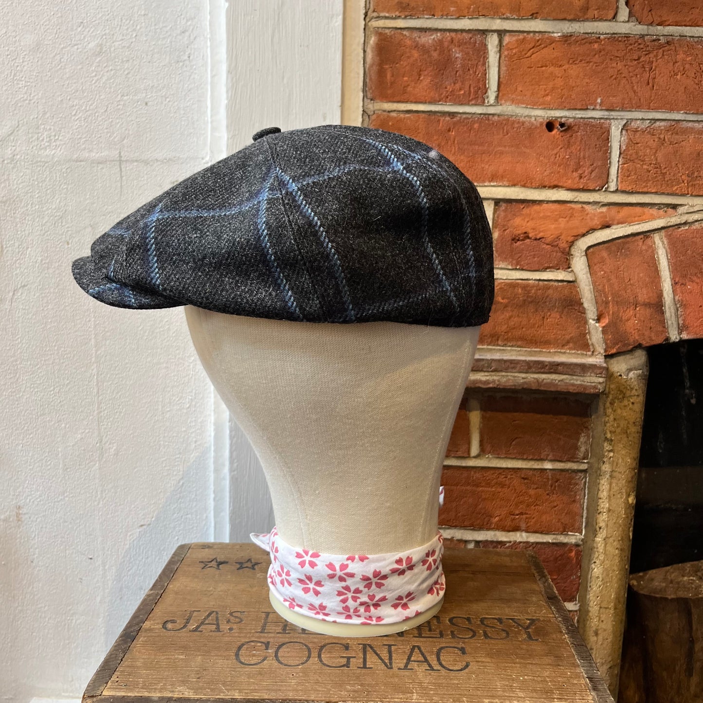 Regent - Baker Boy Cap - Charcoal Tweed with Blue Overcheck