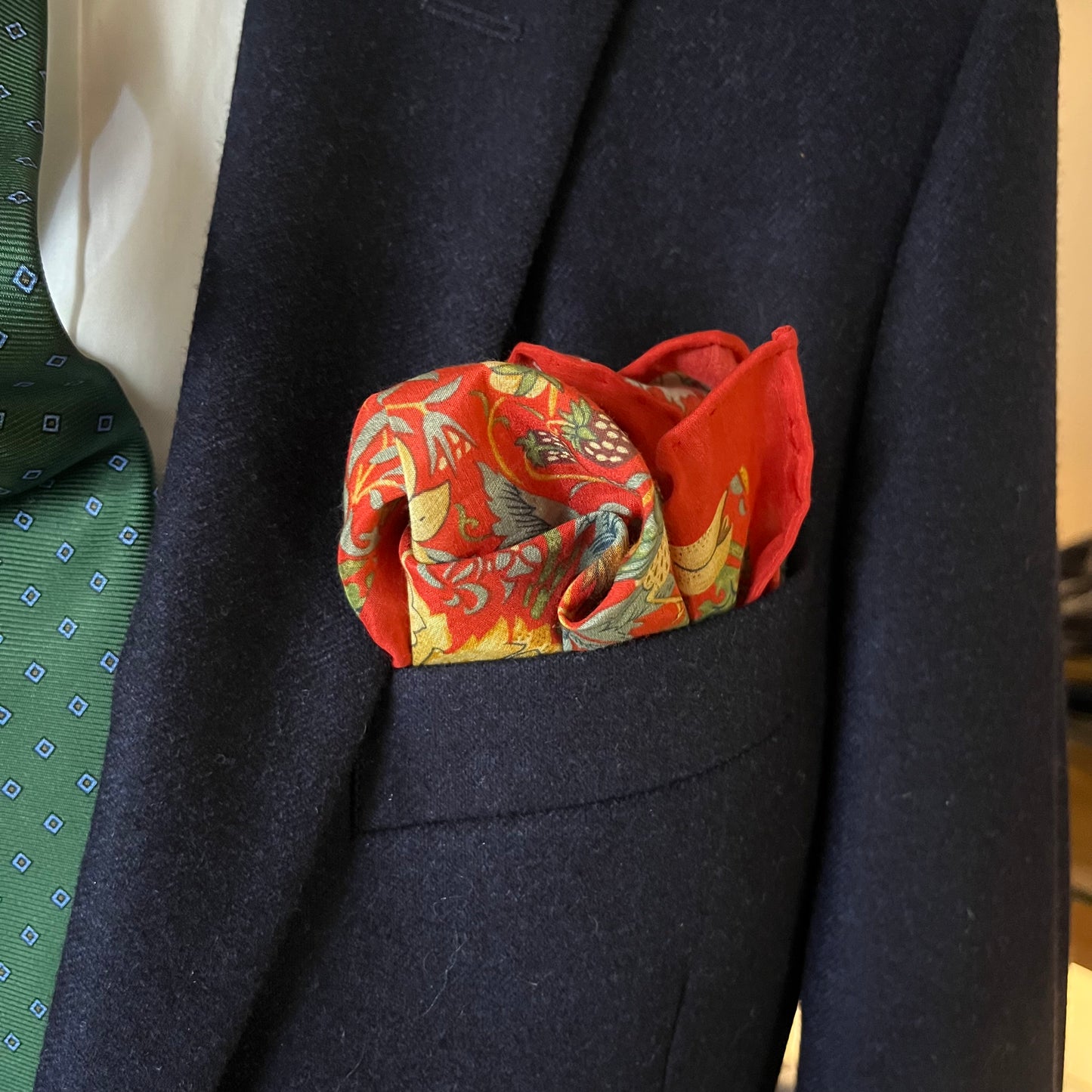 Regent - Cotton/Silk - Pocket Square - William Morris Liberty Print 'Strawberry Thief' Pattern - Red