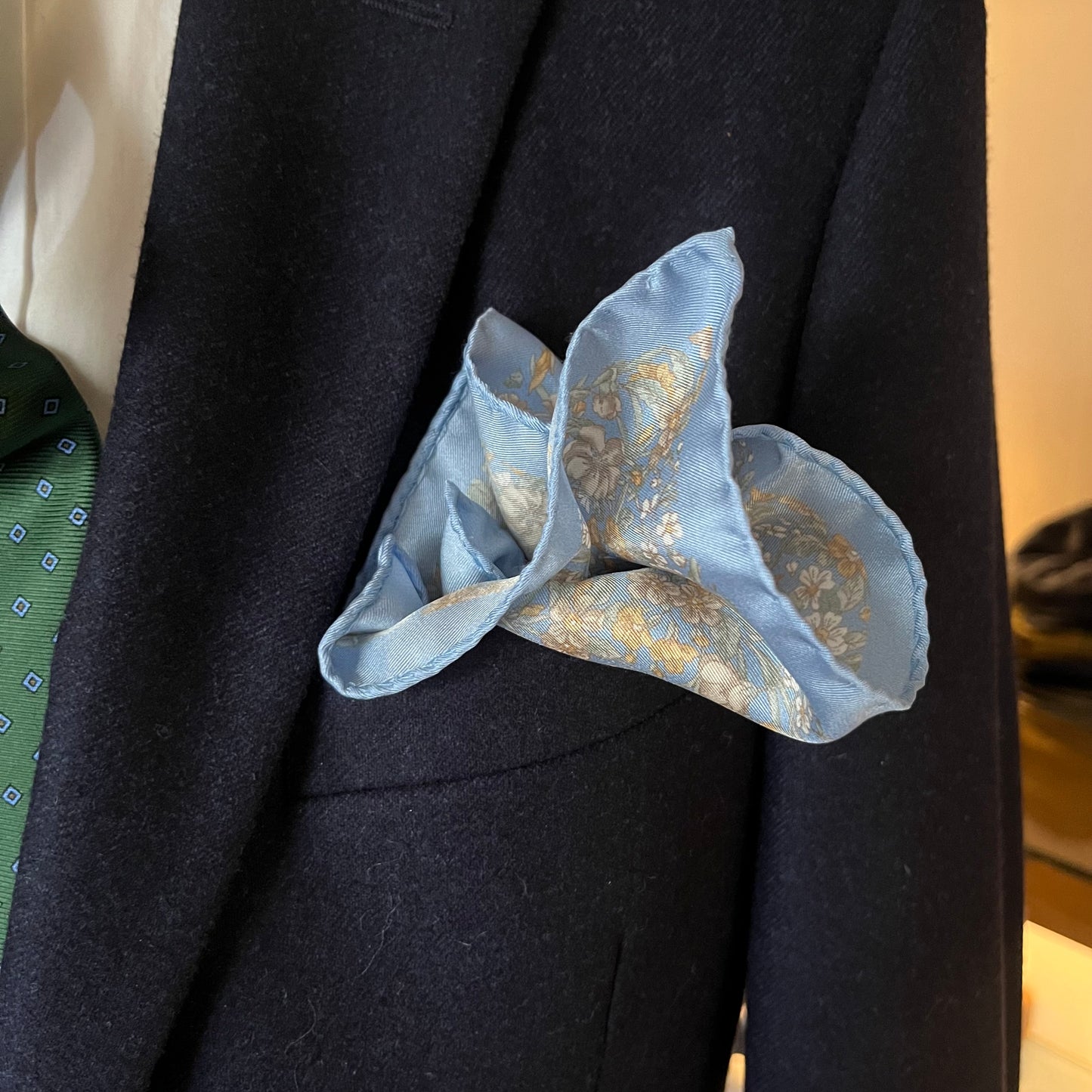 Amanda Christensen - Silk Pocket Square - Cornflower Blue with Spring Flowers