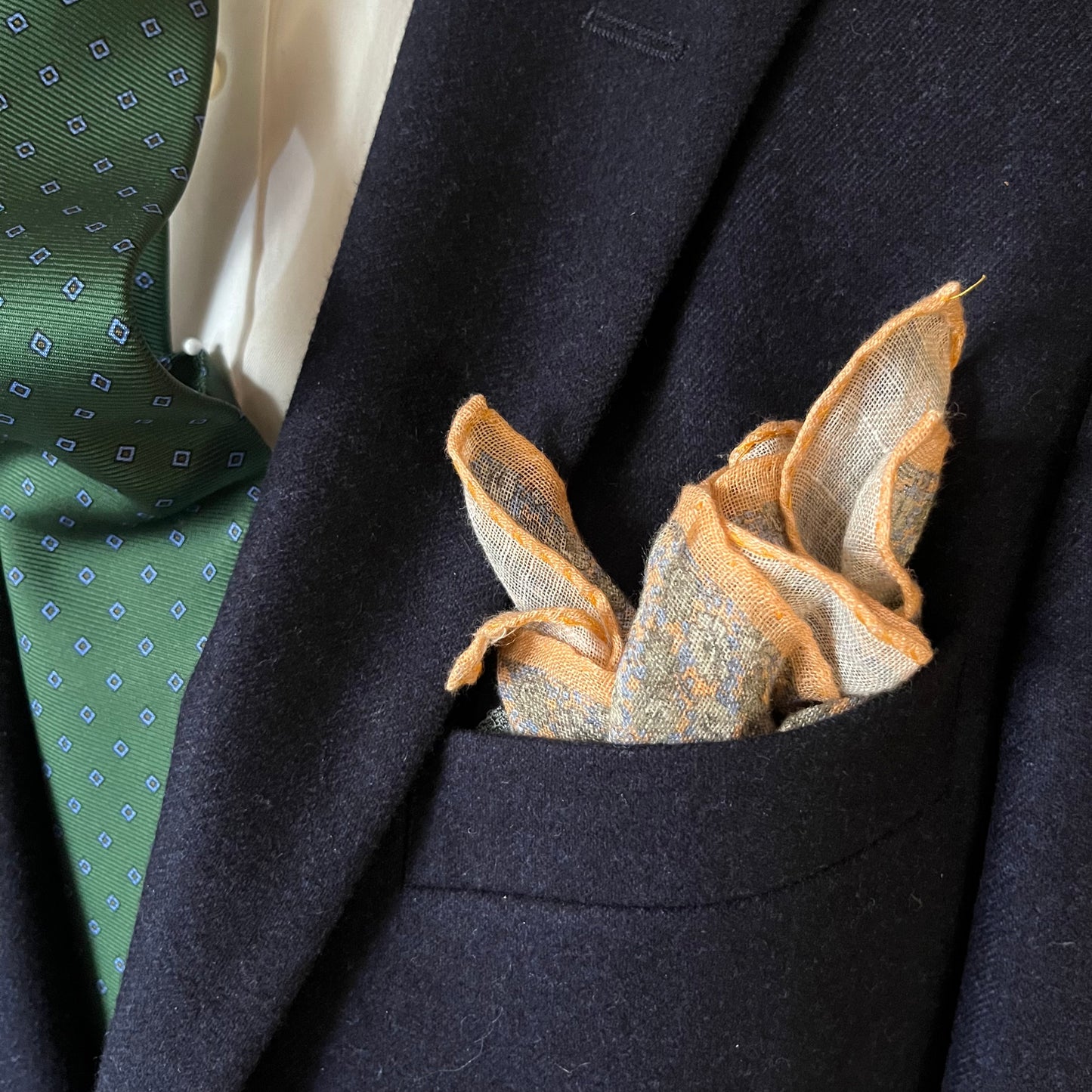 Amanda Christensen - Linen Pocket Square - Peach and Blue Floral Pattern