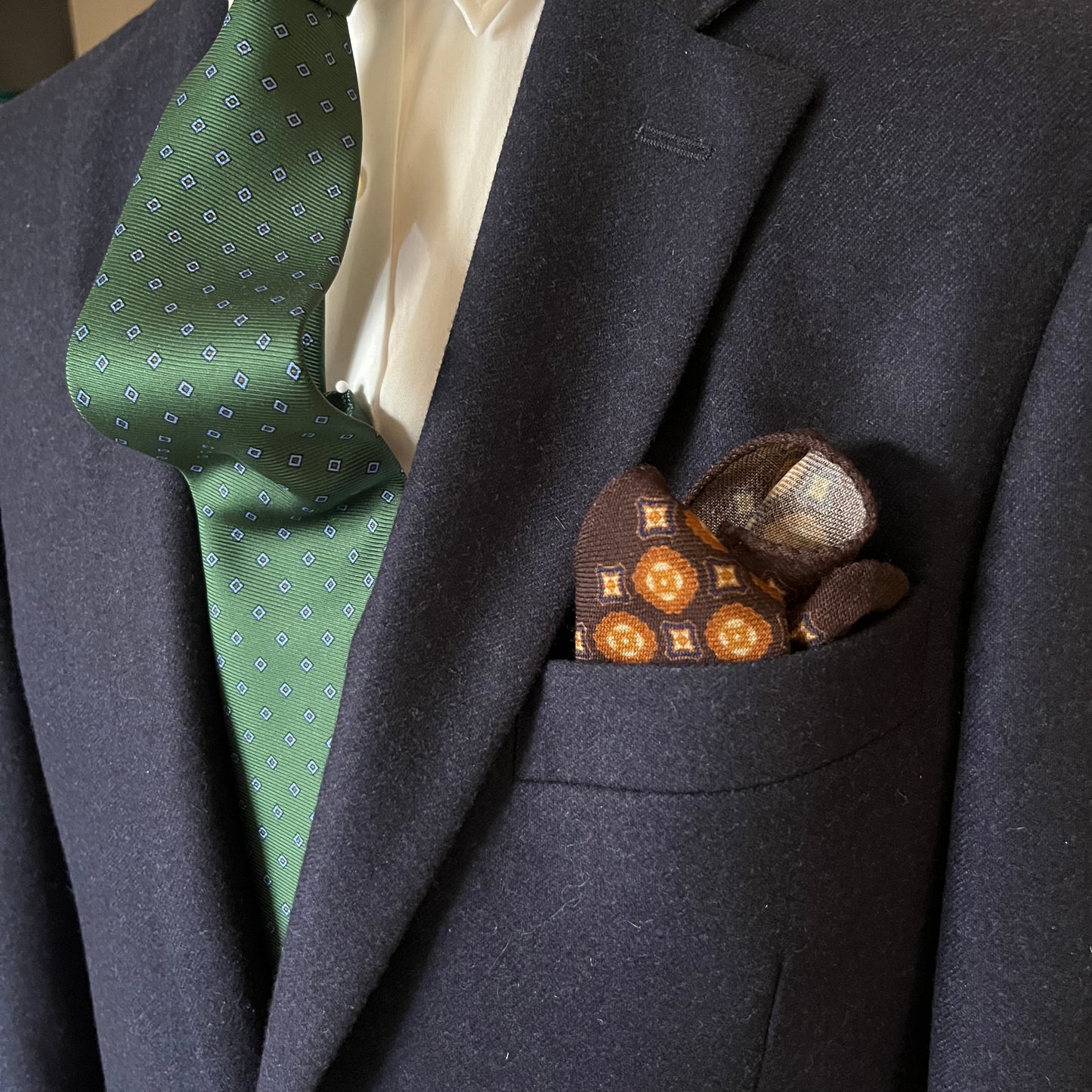 Regent - Wool Pocket Square - Brown, Orange and Blue Pattern