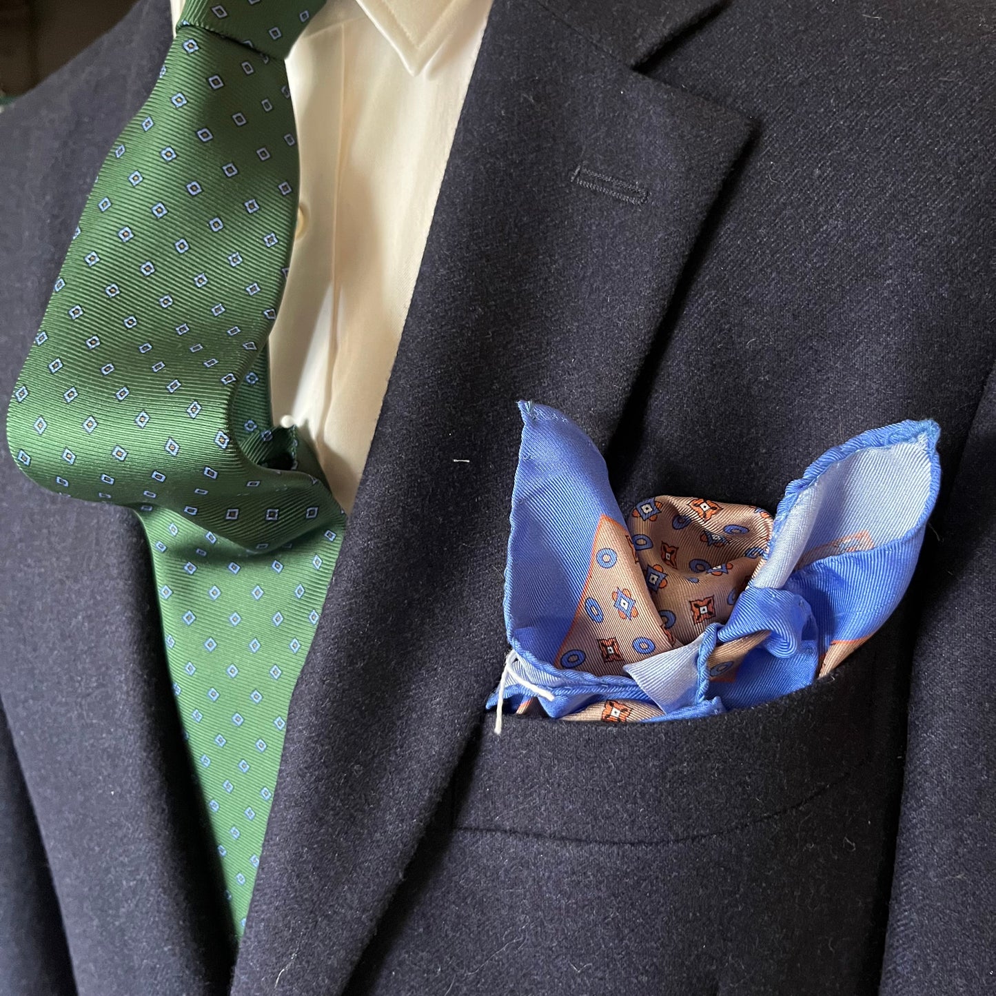 Regent - Silk Pocket Square - Blue & Rose Gold