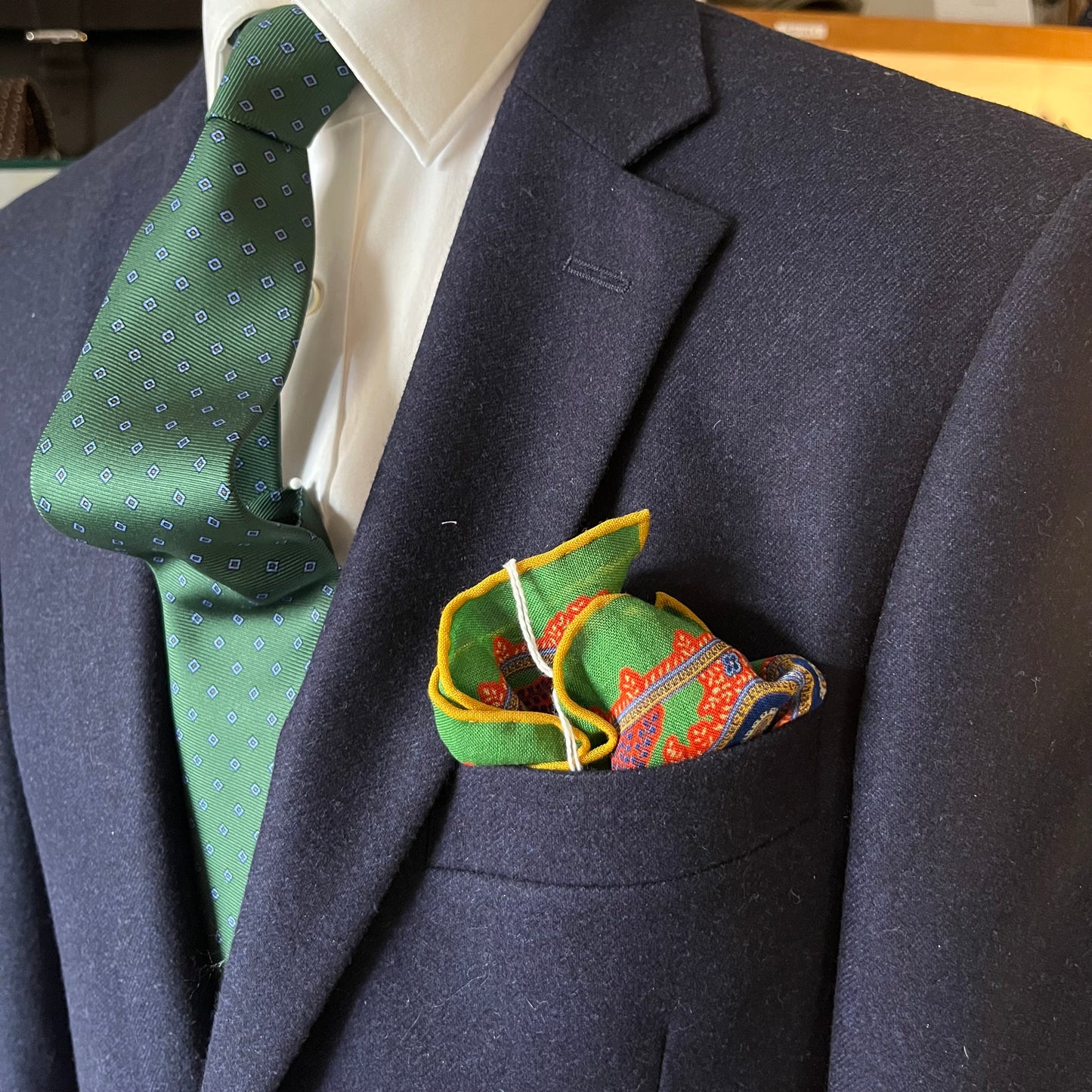 Regent - Wool/Silk Pocket Square - Green and Orange Paisley