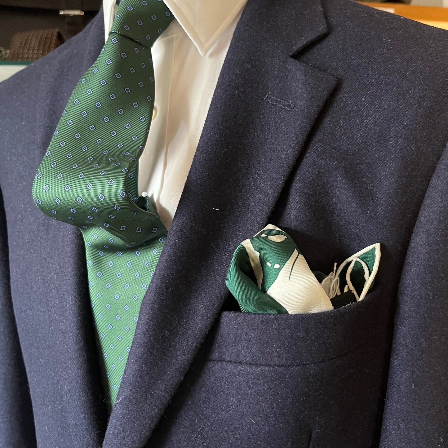 Regent - Silk Pocket Square - Racing Green Skull