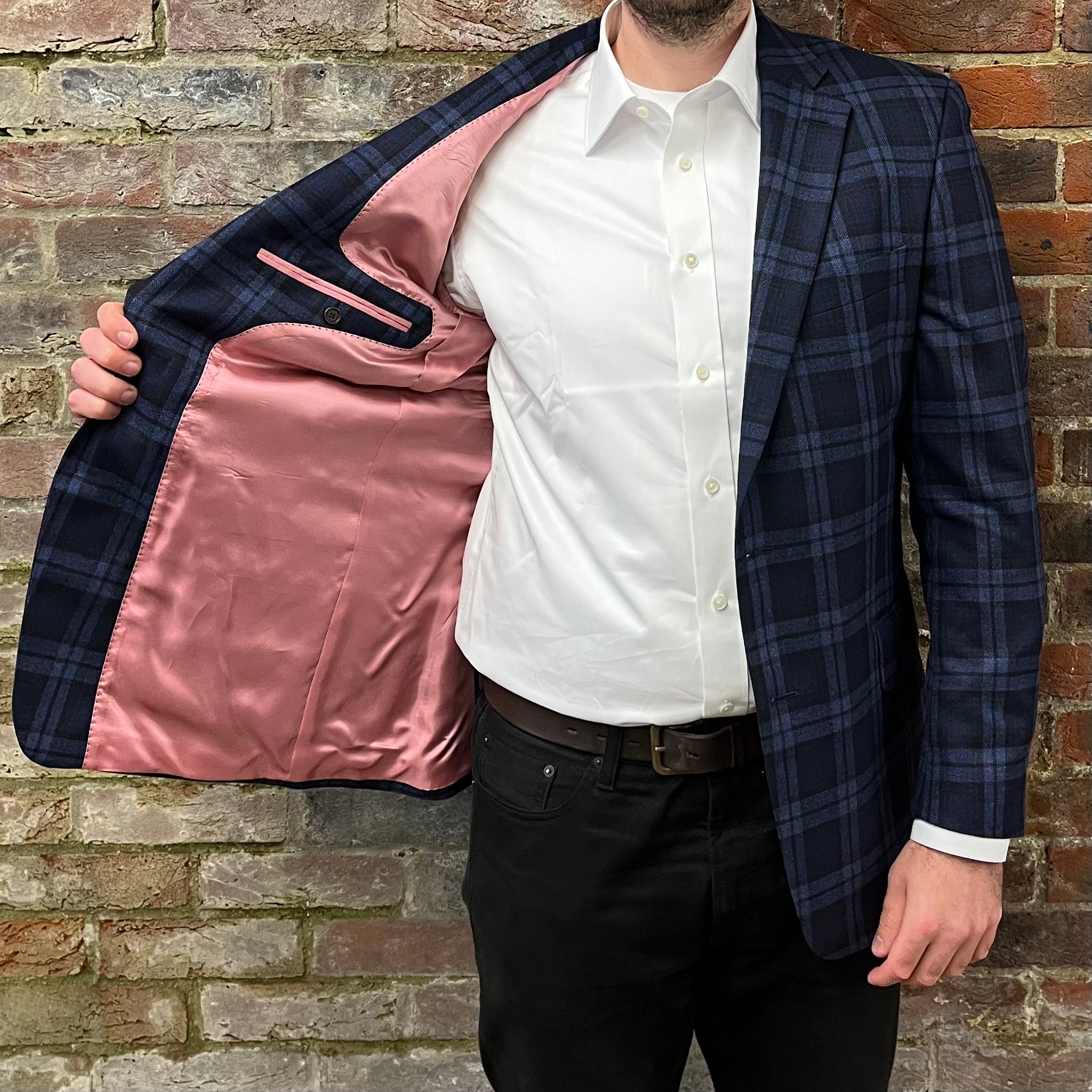 Regent 'The Toad' Jacket - Navy with Light Blue and Black Overcheck - pink lining