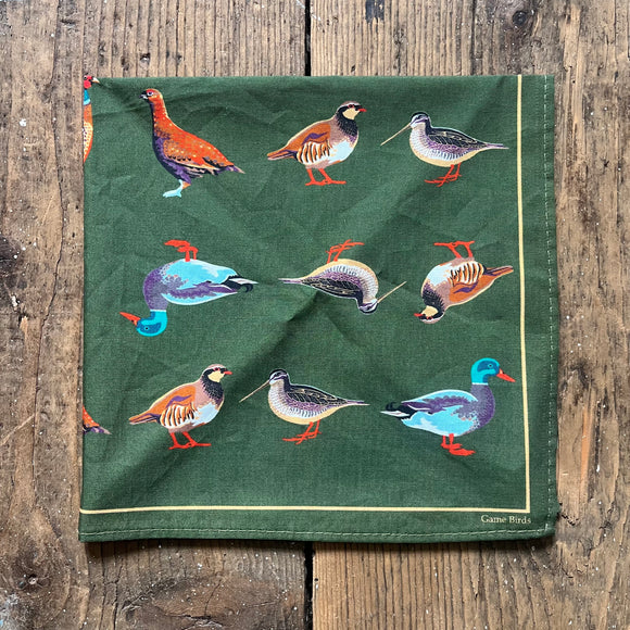 Green cotton handkerchief with a game bird pattern