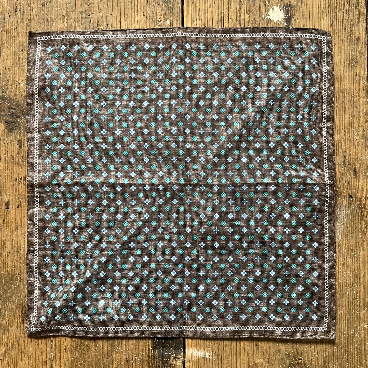 Amanda Christensen - Linen Pocket Square - Brown with Navy and Turquoise Pattern